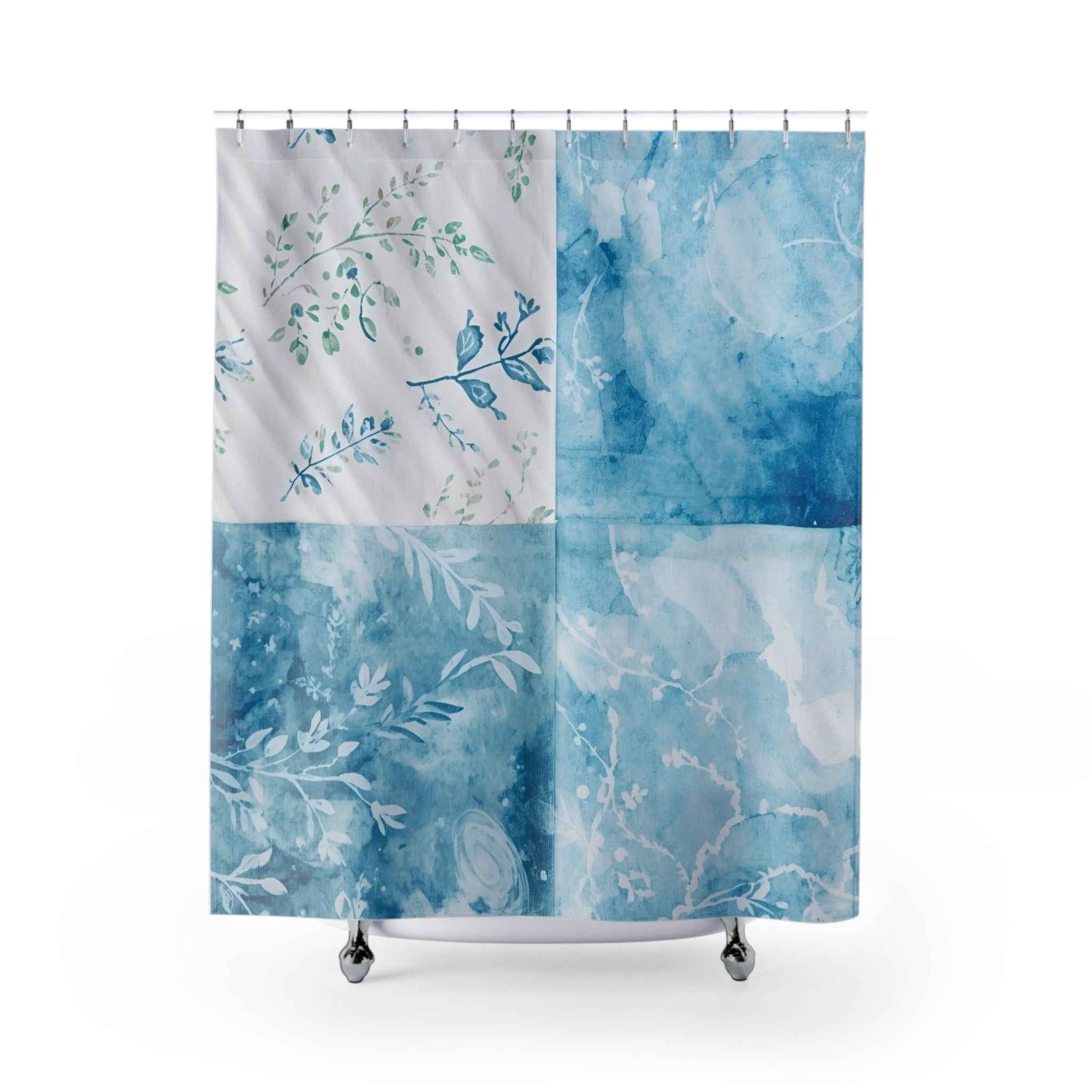 Blue Watercolor Floral Shower Curtain – Coastal Botanical Bathroom Decor